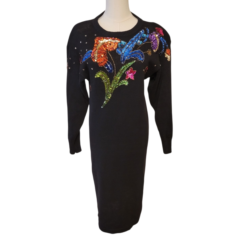 Vintage 80's Christina Black Sequin Sweater Dress Size Small